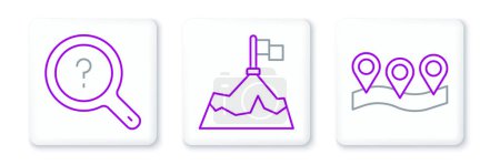 Set line Location, Unknown search and Mountains with flag icon. Vector