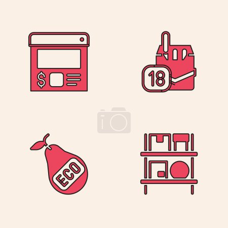 Illustration for Set Warehouse interior with boxes, Online ordering and delivery, Cigarettes pack and Healthy organic pear icon. Vector - Royalty Free Image