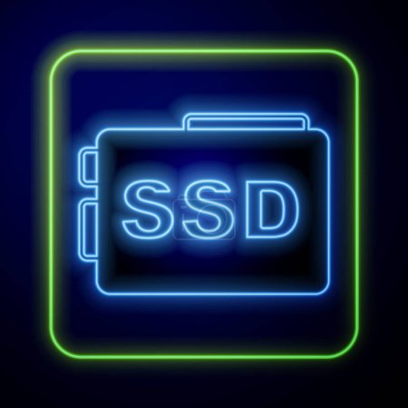 Téléchargez les illustrations : Lumineux néon icône de carte SSD isolé sur fond bleu. Signe d'entraînement à semi-conducteurs. Symbole disque de stockage. Vecteur - en licence libre de droit