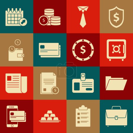 Set Briefcase, Document folder, Safe, Tie, Credit card, Wallet with coins, Calendar and Coin money dollar symbol icon. Vector