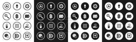 Set Kryptowährungsmünze Bitcoin, Lupe mit, Ripple XRP, Brieftasche, Ethereum ETH, Hand halten und Pflanzentopf-Symbol. Vektor