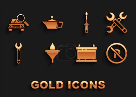 Illustration for Set Funnel or filter and motor oil drop Wrench No Parking stopping Car battery Screwdriver search and Canister for machine icon. Vector. - Royalty Free Image