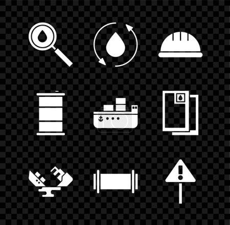Ilustración de Conjunto de gota de aceite, casco de seguridad del trabajador, barco petrolero naufragado, tubería de la industria, signo de exclamación en triángulo, barril e icono. Vector - Imagen libre de derechos
