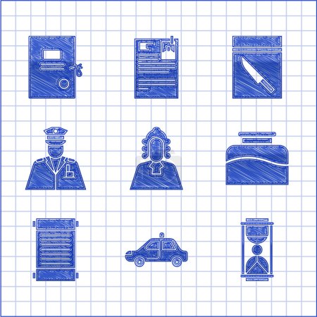 Set Judge, Police car and flasher, Old hourglass with sand, Inkwell, Decree, paper, parchment, scroll, officer, Evidence bag knife and Lawsuit icon. Vector