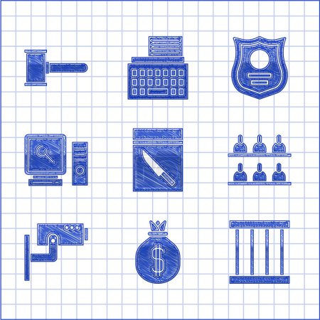Set Evidence bag and knife, Money, Prison window, Jurors, Security camera, Search computer screen, Police badge and Judge gavel icon. Vector