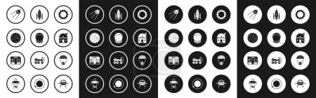 Set Sun, Astronaut helmet, Planet Venus, Satellite, Astronomical observatory, Space shuttle and rockets, capsule parachute and Celestial map of the night sky icon. Vector