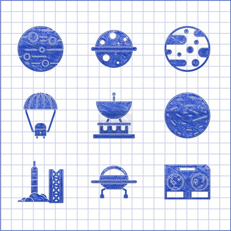 Set Satellite dish, UFO flying spaceship, Celestial map of the night sky, Planet Venus, Rocket launch from spaceport, Space capsule and parachute, Mars and  icon. Vector