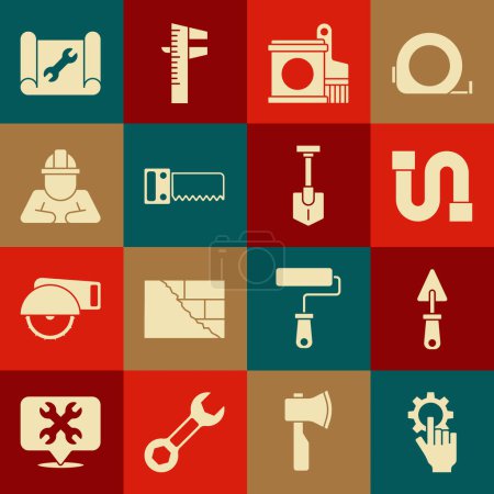 Illustration for Set Settings in the hand, Trowel, Industry pipe, Paint bucket brush, Hand saw, Builder, Graphing paper wrench and Shovel icon. Vector - Royalty Free Image