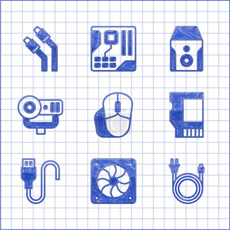 Illustration for Set Computer mouse, cooler, Electric plug, SD card, USB cable cord, Web camera, Uninterruptible power supply and LAN network internet icon. Vector - Royalty Free Image