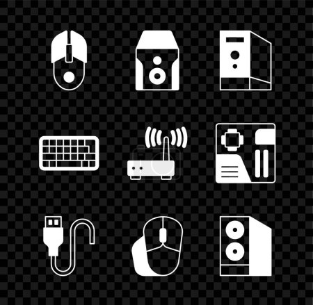 Set Computer mouse, Uninterruptible power supply, Case of computer, USB cable cord, Keyboard and Router and wi-fi signal icon. Vector