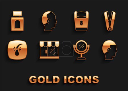 Illustration for Set Barbershop building, Curling iron for hair, Hairstyle men, Hand mirror, Broken follicle, Electric razor blade, Aftershave and Baldness icon. Vector - Royalty Free Image