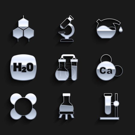 Set Reagenzglas, Kolben auf Ständer, Mineral Ca Calcium, Molekül, chemische Formel H2O und Symbol. Vektor