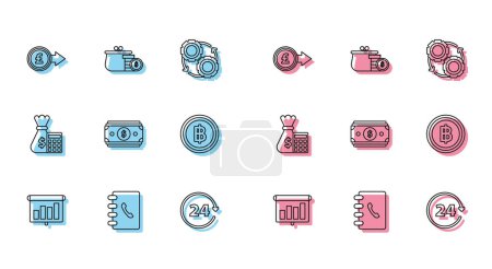 Establezca la línea de presentación de tablero financiero con gráfico, moneda de dinero libra esterlina símbolo, Reloj 24 horas, pilas de papel en efectivo, moneda criptomoneda Bitcoin, bolsa de la calculadora y monedas de la cartera icono. Vector