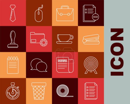 Set line File document, Target, Office stapler, Briefcase, Folder settings with gears, Stamp, Tie and Coffee cup flat icon. Vector
