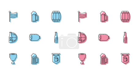 Set line Chicken leg, Wooden beer mug, National Germany flag, Street signboard with glass of, Salami sausage, Beer bottle, and wooden barrel and Glass icon. Vector