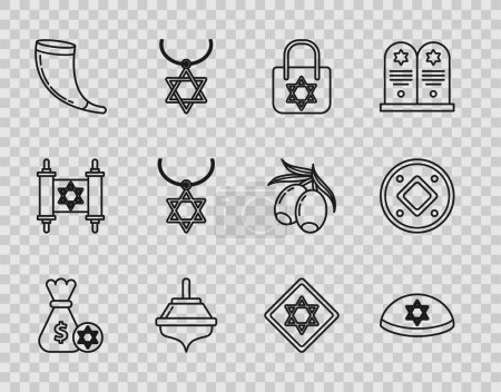 Set line bolsa de dinero judío con estrella de David y moneda, kippah, compras, Hanukkah dreidel, cuerno de carnero tradicional, shofar, cadena de collar Star David, y el icono. Vector