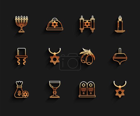 Set line Jewish money bag with star of david and coin, goblet, Hanukkah menorah, Tombstone, Star David necklace chain, dreidel and Olives branch icon. Vector