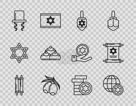 Set line Torah scroll, World Globe and Israel, Hanukkah dreidel, branche d'oliviers, chapeau juif orthodoxe avec side-ocks, boulangerie douce juive, pièce de monnaie et icône. Vecteur