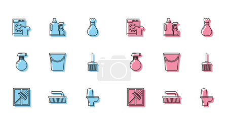 Set line Squeegee, scraper, wiper, Brush for cleaning, Washer and t-shirt, Toilet bowl, Bucket, Handle broom,  and Plastic bottles liquid dishwashing liquid icon. Vector