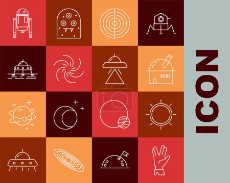 Set line Vulcan salute, Sun, Astronomical observatory, Earth structure, Black hole, Mars rover, Robot and UFO flying spaceship icon. Vector