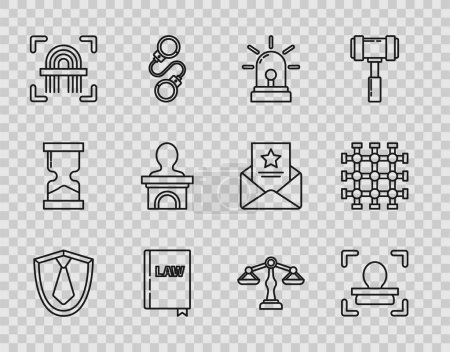 Set line Tie, Face recognition, Flasher siren, Law book, Fingerprint, Stage stand or debate podium rostrum, Scales of justice and Prison window icon. Vector