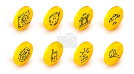 Set line Magnifying glass for search, Flasher siren, Walkie talkie, Police badge, Scales of justice, Courthouse building, Tie and Safe icon. Vector