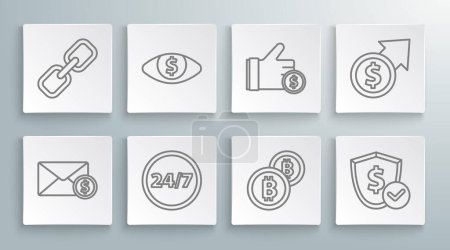 Set line Briefumschlag mit Münze Dollar, Auge, Uhr 24 Stunden, Kryptowährung Bitcoin, Schild, Hand halten, Finanzwachstum und Kettenlink-Symbol. Vektor