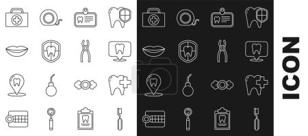 Set line Toothbrush, Dental clinic for dental care tooth, location, Id card with, protection, Smiling lips, First aid kit and pliers icon. Vector