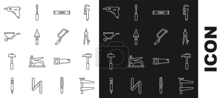 Set line Clamp tool, Claw hammer, Drawing compass, Construction bubble level, Trowel, Wheelbarrow, Electric hot glue gun and Hacksaw icon. Vector