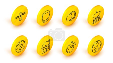 Set line Moon, Satellites orbiting the planet Earth, Astronomical observatory, Falling stars, Planet Saturn, Eclipse of sun, Astronaut helmet and  icon. Vector