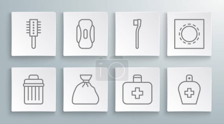 Set line Trash can, Sanitary napkin, Garbage bag, First aid kit, Bottle of liquid antibacterial soap, Toothbrush, Condom package safe sex and Hairbrush icon. Vector