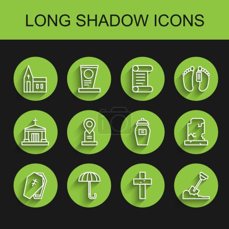 Set line Coffin with cross, Umbrella, Church building, Christian, Shovel the ground, Location grave, Old tombstone and Funeral urn icon. Vector