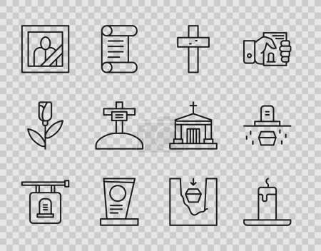 Illustration for Set line Signboard tombstone, Burning candle, Christian cross, Grave with, Mourning photo frame, Coffin grave and coffin icon. Vector - Royalty Free Image