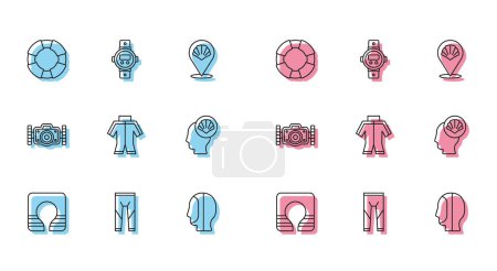 Illustration for Set line Life jacket, Wetsuit, Lifebuoy, Diving hood, Scallop sea shell, Photo camera and watch icon. Vector - Royalty Free Image