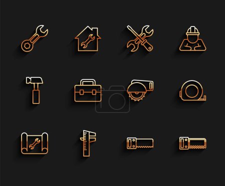 Illustration for Set line Graphing paper and wrench, Calliper or caliper scale, Wrench spanner, Hand saw, Toolbox, Roulette construction and Electric circular icon. Vector - Royalty Free Image