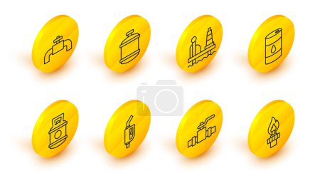 Set line Oil rig with fire, Metallic pipes and valve, Gasoline pump nozzle, Propane gas tank, Barrel oil, platform the sea,  and  icon. Vector