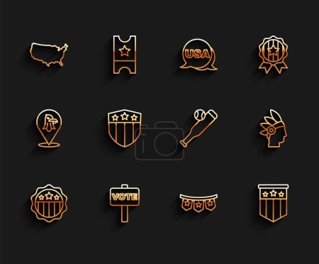 Illustration for Set line USA Independence day, Vote, map, Carnival garland with flags, American, Shield stars, Native Indian and Baseball bat ball icon. Vector - Royalty Free Image