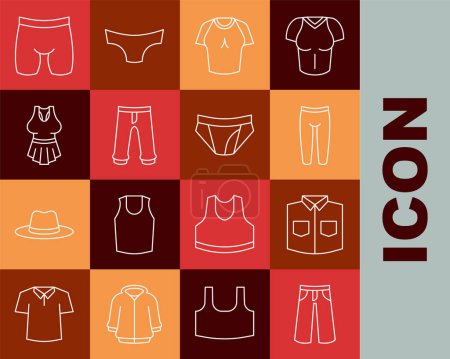 Set line Pants, Shirt, Leggings, T-shirt, Undershirt, Cycling shorts and Men underpants icon. Vector