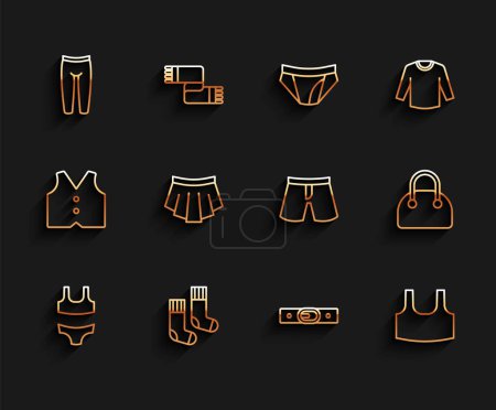 Set Linie Badeanzug, Socken, Leggings, Gürtel, Unterhemd, Rock, Handtasche und Short oder Hose Symbol. Vektor
