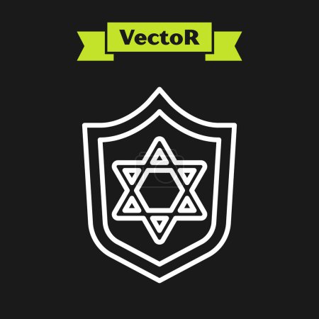 Escudo de línea blanca con icono de Star of David aislado sobre fondo negro. Símbolo religioso judío. Símbolo de Israel. Vector.