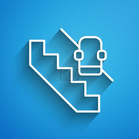 White line Disabled access elevator lift escalator icon isolated on blue background. Movable mechanical chair platform for handicapped human. Long shadow. Vector.