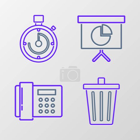 Establecer línea Papelera, Teléfono, Tabla financiera de presentación con gráfico, horario, gráfico, diagrama, infografía, gráfico circular y el icono Maletín. Vector