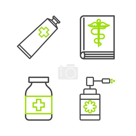 Set line Medical bottle with nozzle spray, Medicine, book and Ointment cream tube medicine icon. Vector