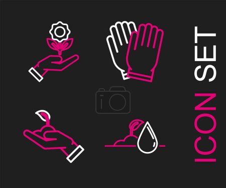 Set line Watering sprout, Sprout hand of environmental protection, Garden gloves and Hand holding flower icon. Vector