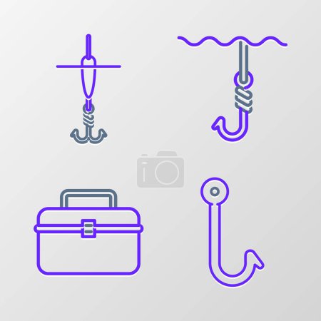 Ilustración de Set línea gancho de pesca, caja o contenedor caja para wobbler y equipo de pesca de engranajes, bajo el agua y flotador icono. Vector - Imagen libre de derechos