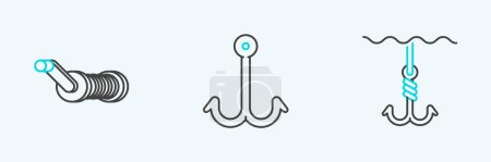 Set line Fishing hook under water, Spinning reel for fishing and  icon. Vector