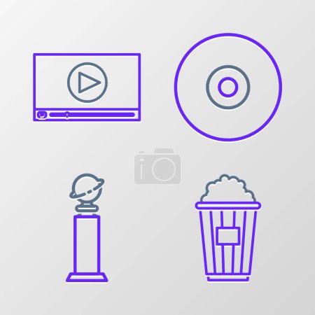 Set line Popcorn in cardboard box, Trophy Golden Globe, CD DVD disk and Online play video icon. Vector