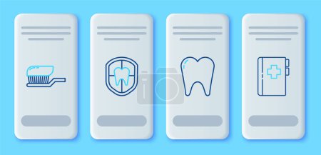 Set line Zahnschutz, Zahn, Zahnbürste mit Zahnpasta und Clipboard-Symbol für Zahnarztkarten. Vektor
