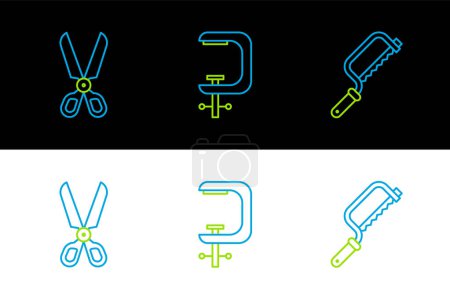Set line Hacksaw, Scissors and Clamp and screw tool icon. Vector
