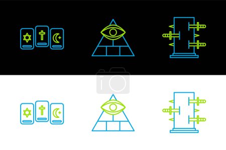 Set line Trunk for magic tricks, Three tarot cards and Masons icon. Vector
